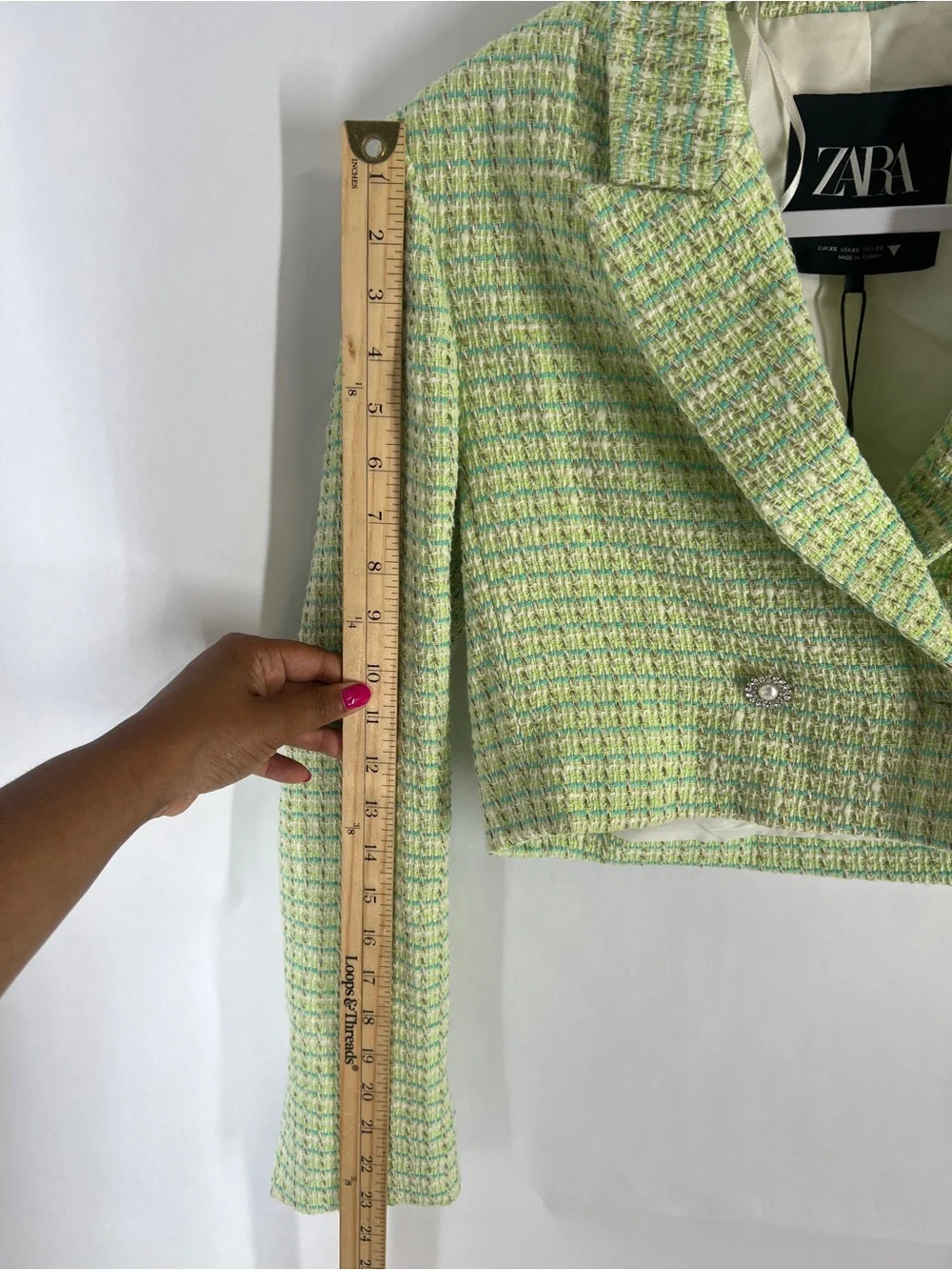 ZARA NWT Green Tweed Cropped Blazer Pearl Buttons Size XS